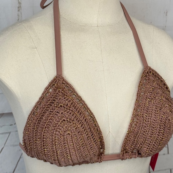 Xhilaration Juniors Beige Brown Bikini Crochet Swim Triangle Top Large 8 10 NEW - Picture 4 of 11